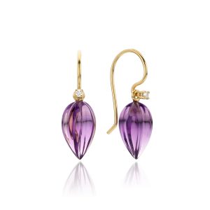 Oorbellen geelgoud met diamant en amethist