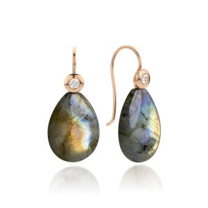 Oorbellen roodgoud met diamant en labradoriet